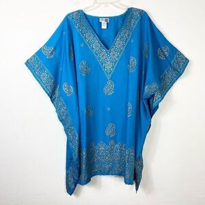 Step in Style Blue & Gold Paisley Floral Printed Kaftan Tunic Top One Size